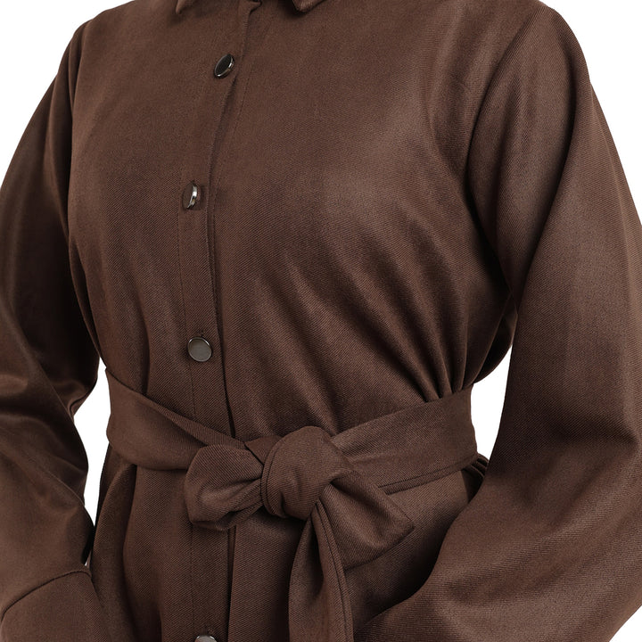 Metal Düğmeli Kemerli Polo Yaka Süet Tunik