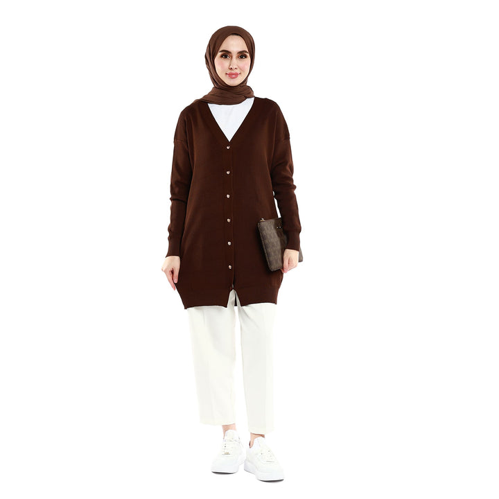 Oversize V Yaka Triko Parlak Metal Düğme Detaylı