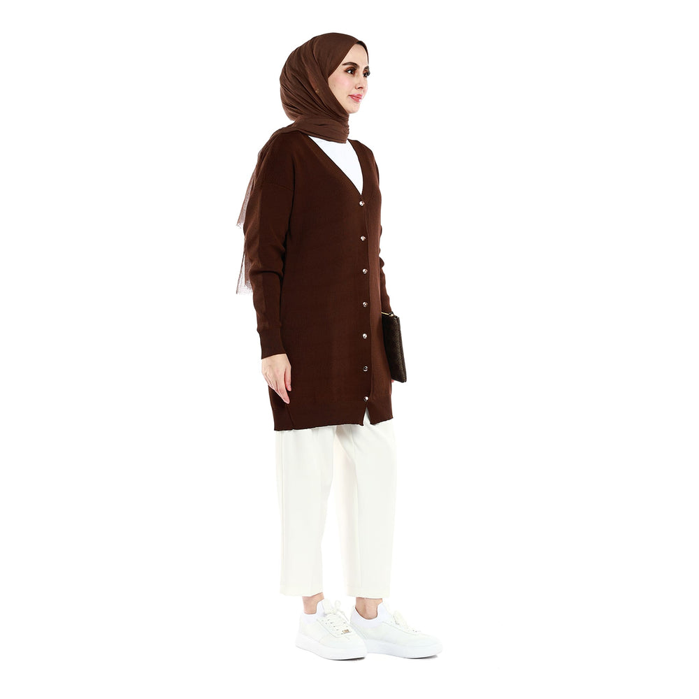 Oversize V Yaka Triko Parlak Metal Düğme Detaylı