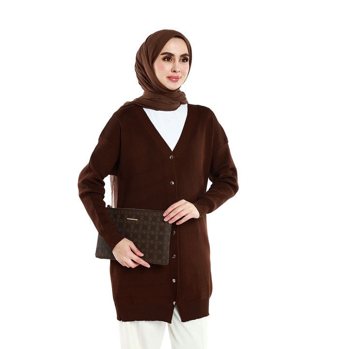 Oversize V Yaka Triko Parlak Metal Düğme Detaylı