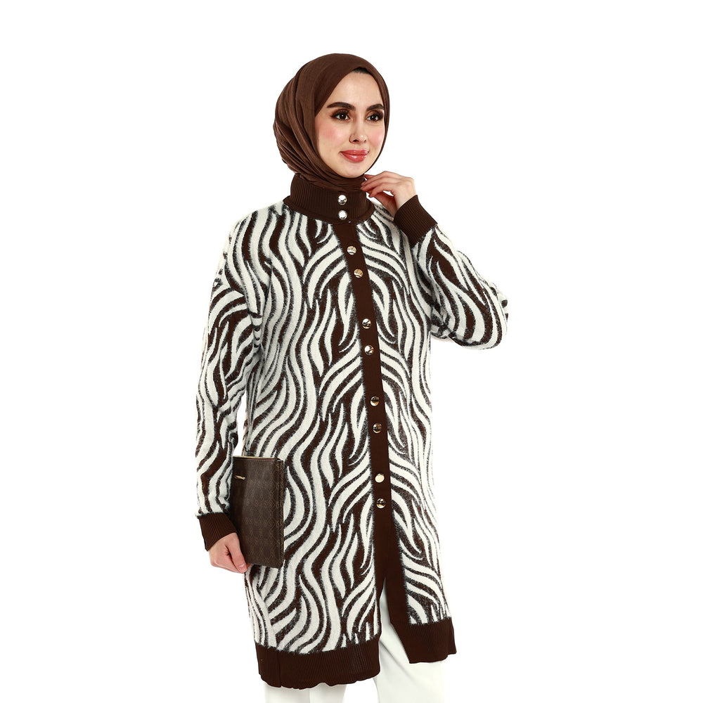 Zebra Desenli Boğazlı Parlak Düğme Detaylı Triko Hırka ABACI Online Türkiye