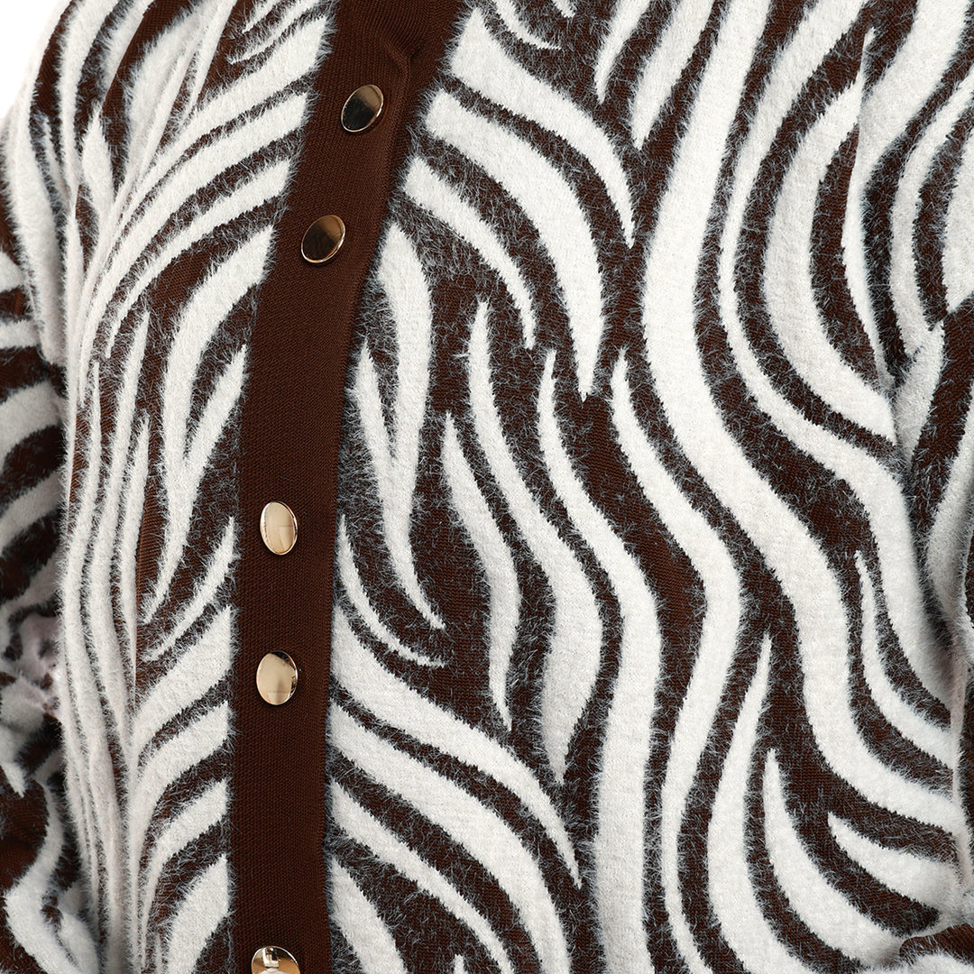 Zebra Desenli Boğazlı Parlak Düğme Detaylı Triko Hırka ABACI Online Türkiye