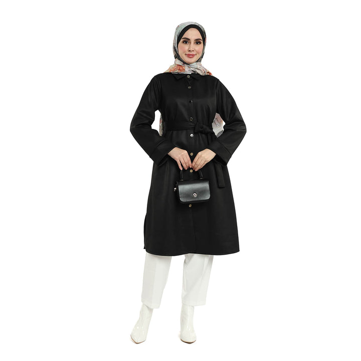 Metal Düğmeli Kemerli Polo Yaka Süet Tunik