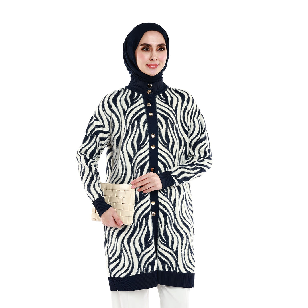 Zebra Desenli Boğazlı Parlak Düğme Detaylı Triko Hırka ABACI Online Türkiye