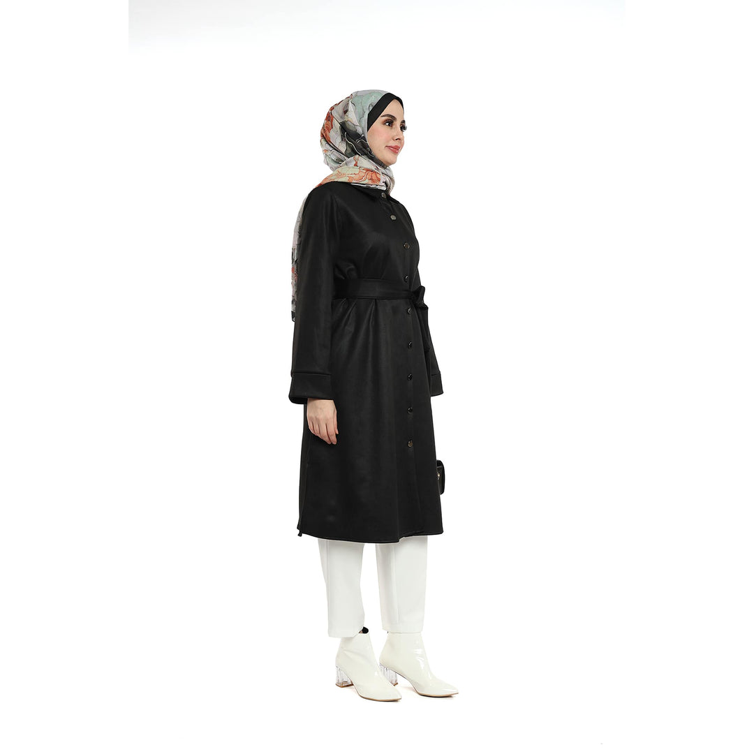 Metal Düğmeli Kemerli Polo Yaka Süet Tunik