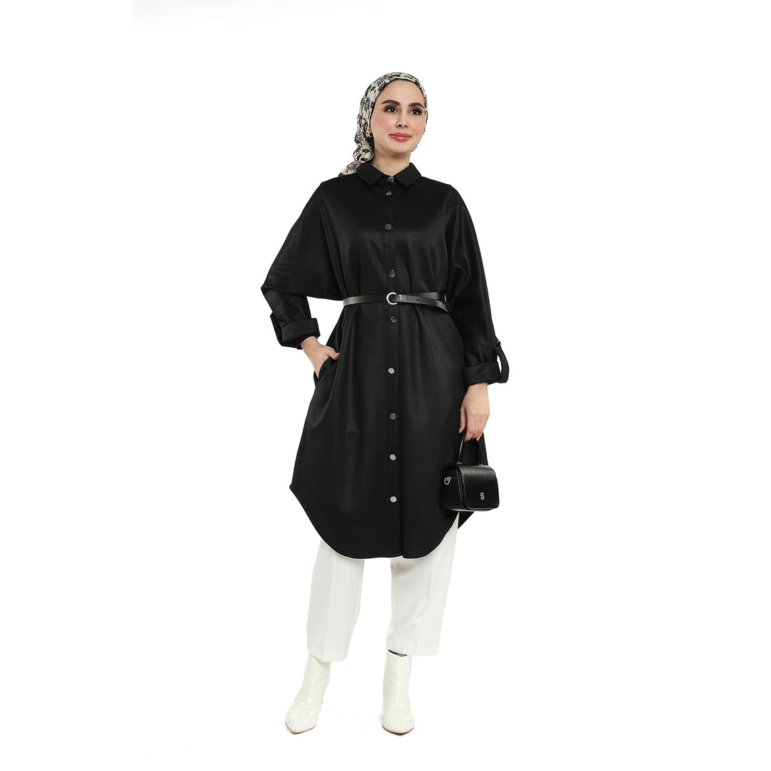 Kemerli Polo Yaka Düşük Kol Süet Tunik