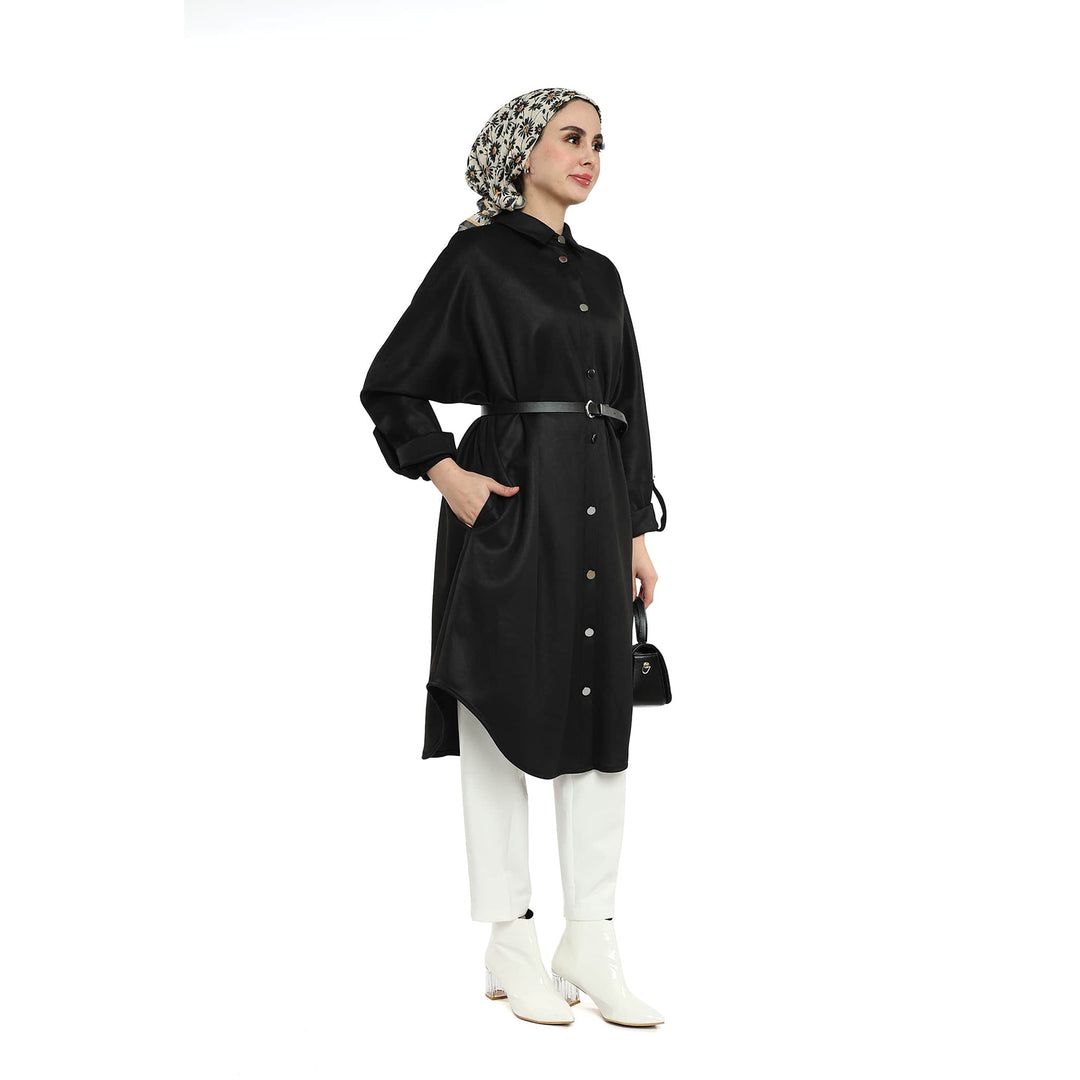 Kemerli Polo Yaka Düşük Kol Süet Tunik