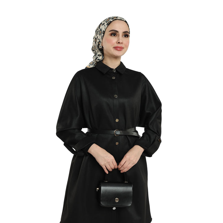 Kemerli Polo Yaka Düşük Kol Süet Tunik