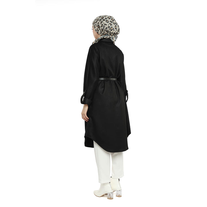 Kemerli Polo Yaka Düşük Kol Süet Tunik