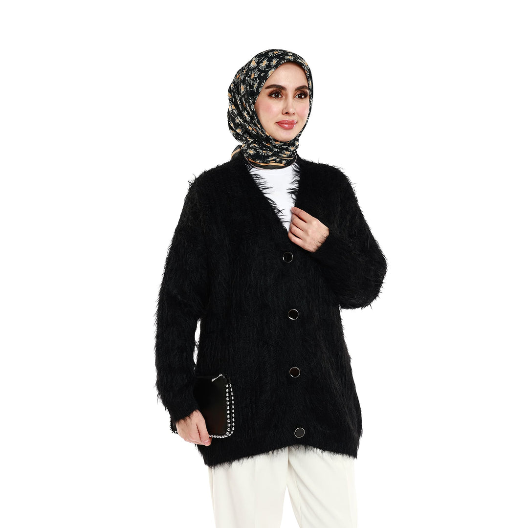 Düğmeli Tüylü Triko Hırka