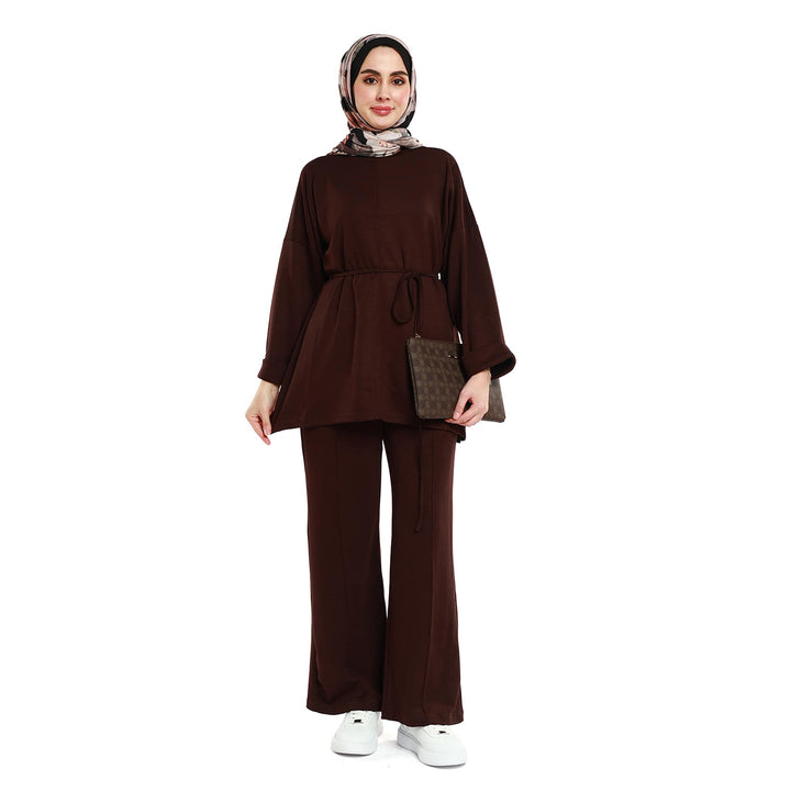 Oversize Pantolonlu Takım Bel Bağcıklı ve Kol Kat Detaylı