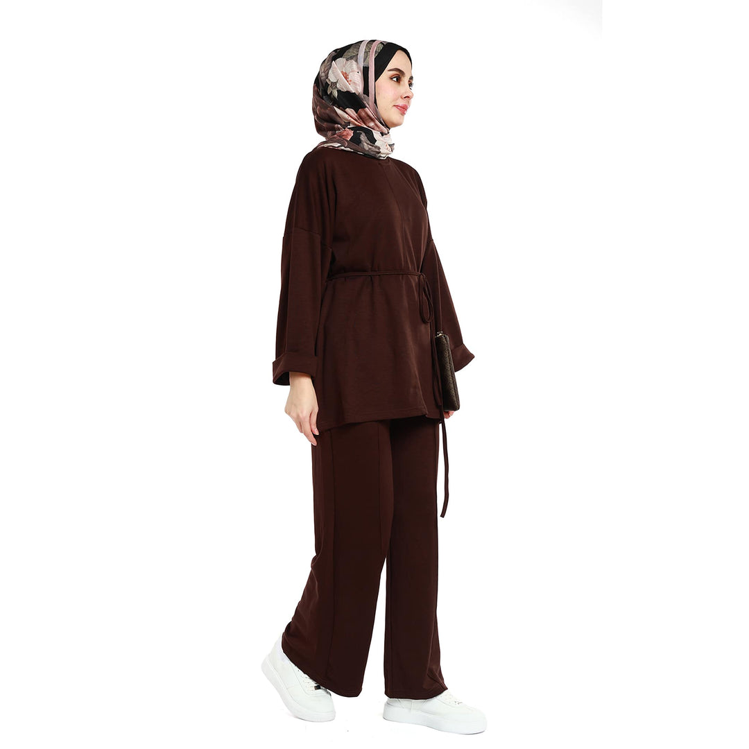 Oversize Pantolonlu Takım Bel Bağcıklı ve Kol Kat Detaylı