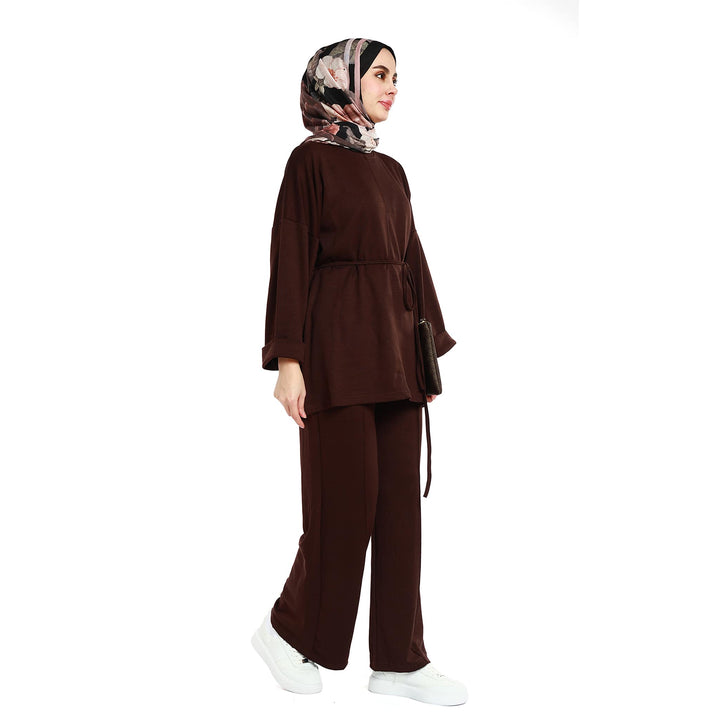Oversize Pantolonlu Takım Bel Bağcıklı ve Kol Kat Detaylı