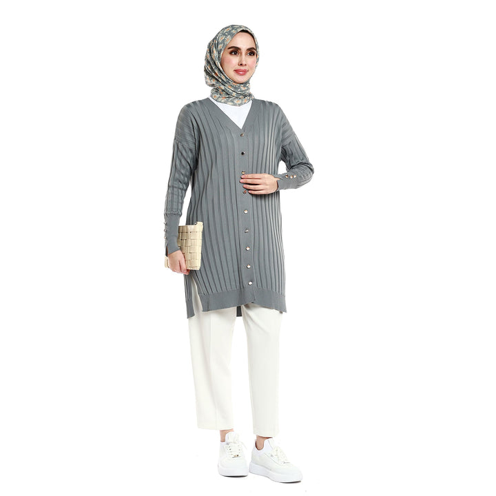 Şerit ve Kol Düğme Detaylı Oversize Triko Hırka ABACI Online Türkiye