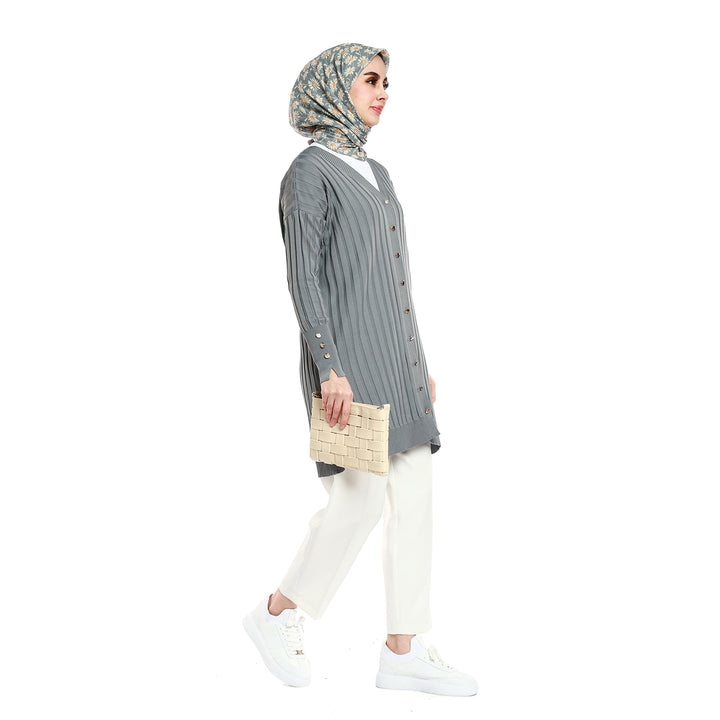 Şerit ve Kol Düğme Detaylı Oversize Triko Hırka ABACI Online Türkiye