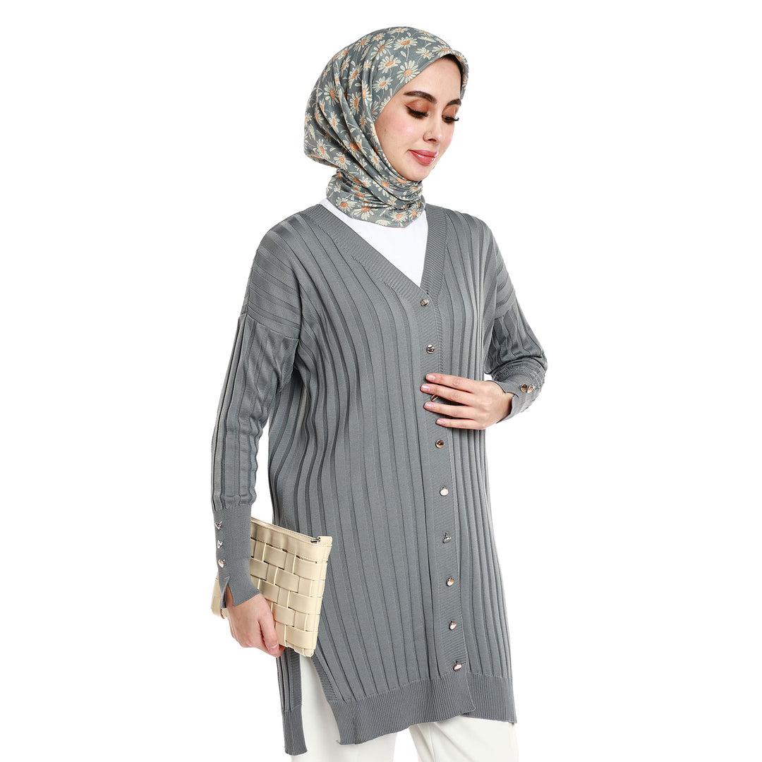 Şerit ve Kol Düğme Detaylı Oversize Triko Hırka ABACI Online Türkiye