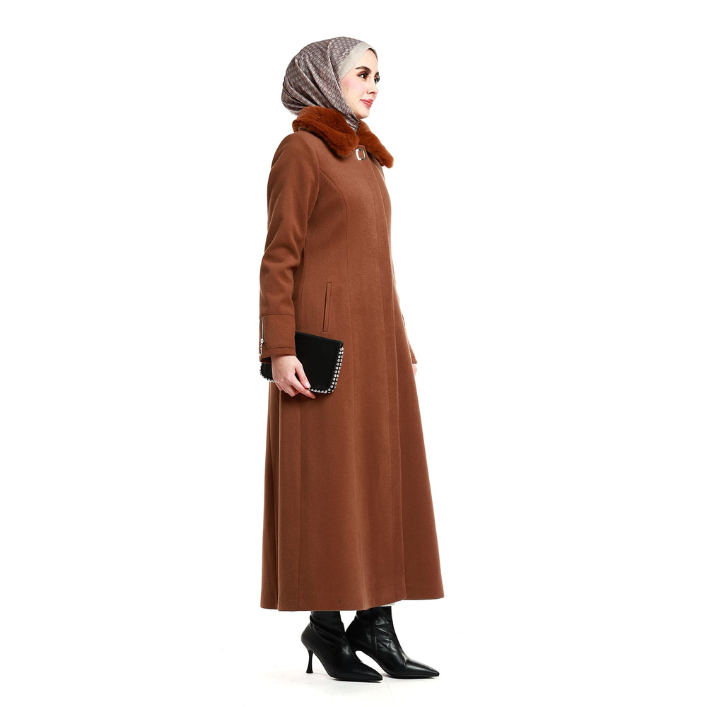 Kürk Yaka Gizli Pat Kaşe Kaban