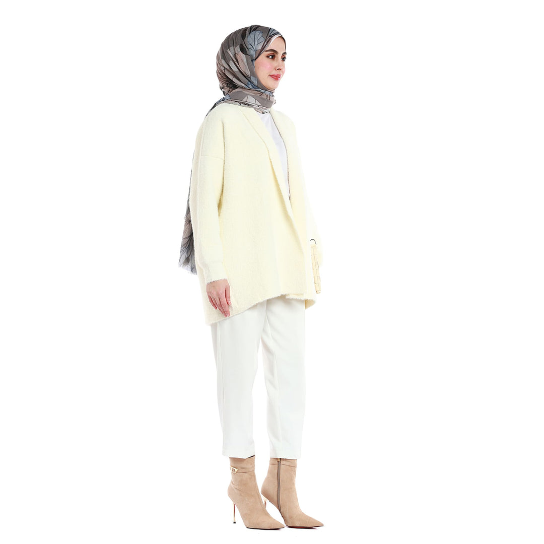 Şal Yaka Tüylü Düğmesiz Oversize Hırka