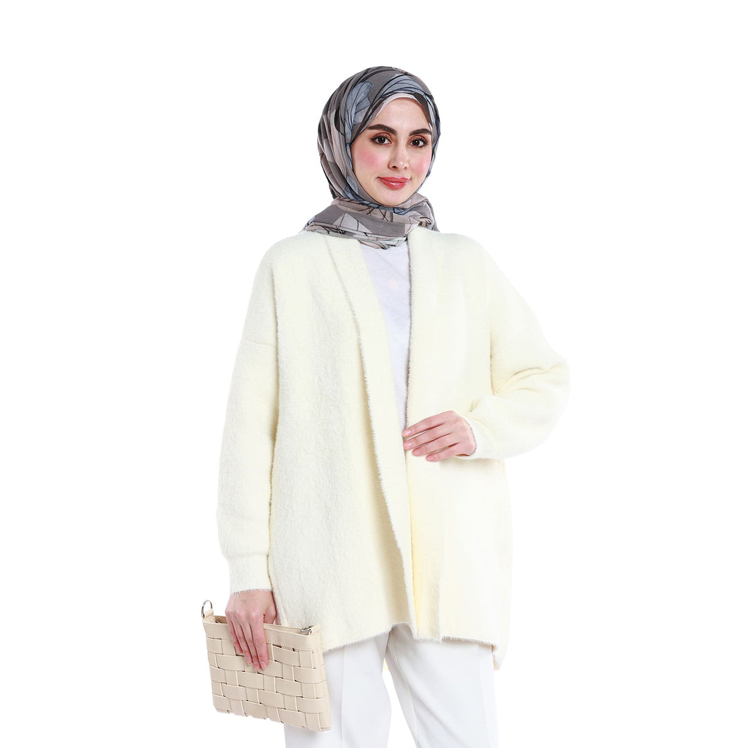 Şal Yaka Tüylü Düğmesiz Oversize Hırka