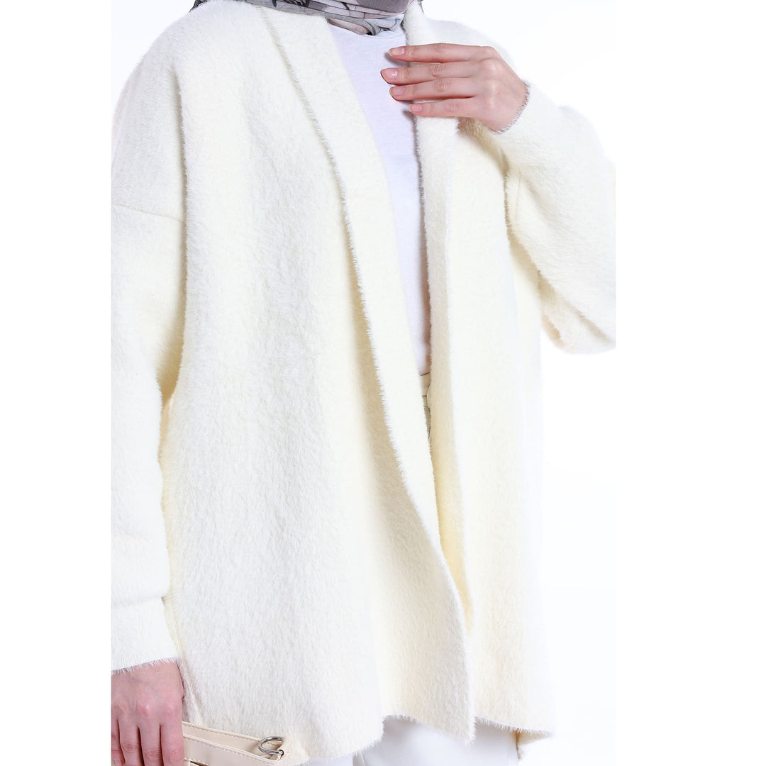 Şal Yaka Tüylü Düğmesiz Oversize Hırka