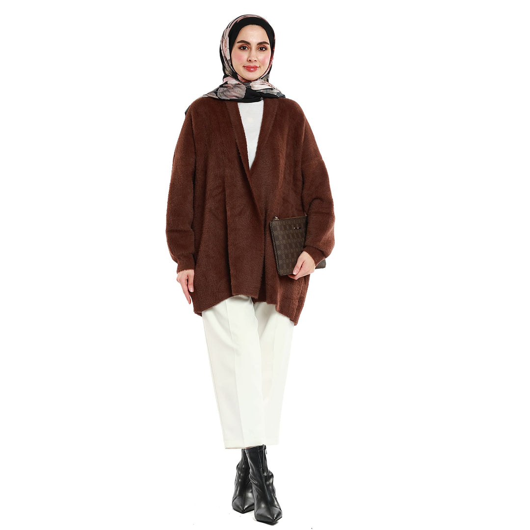 Şal Yaka Tüylü Düğmesiz Oversize Hırka