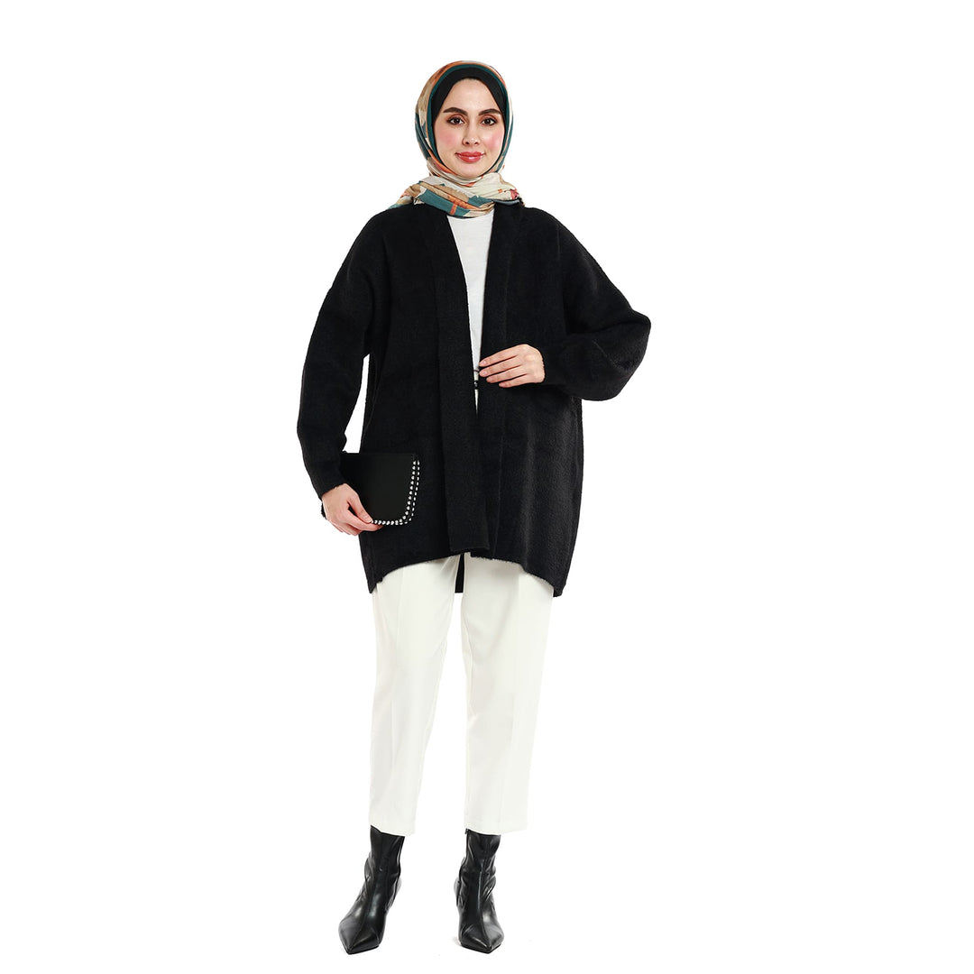 Şal Yaka Tüylü Düğmesiz Oversize Hırka