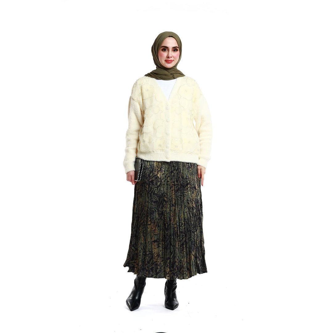 Çiçek Motifli Tül ve Taş Detaylı Triko Hırka ABACI Online Türkiye