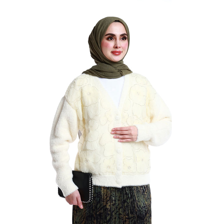 Çiçek Motifli Tül ve Taş Detaylı Triko Hırka ABACI Online Türkiye