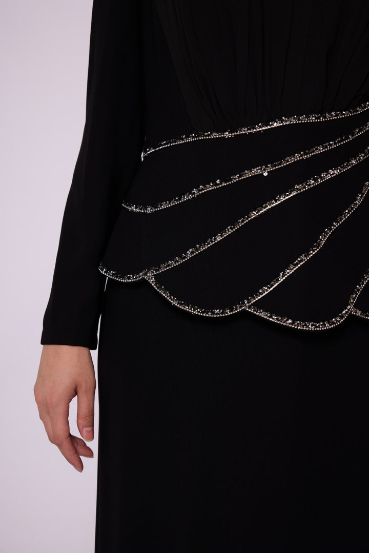 Drapeli Taş Şerit Detaylı Abiye Elbise