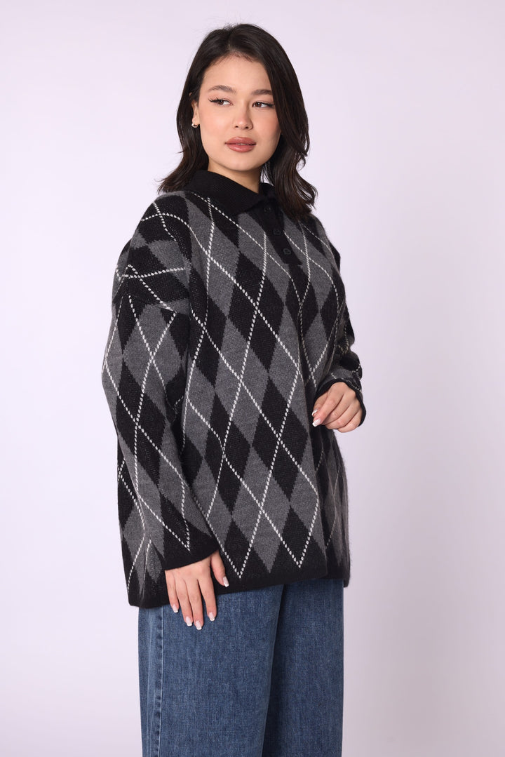 Baklava Desenli Polo Yaka Oversize Triko Kazak