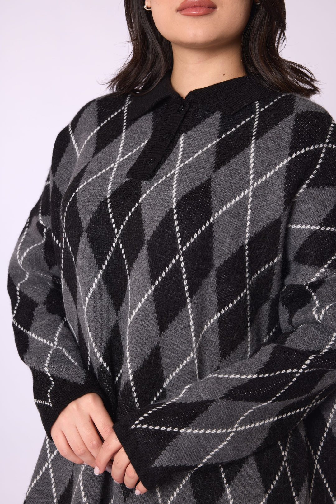 Baklava Desenli Polo Yaka Oversize Triko Kazak