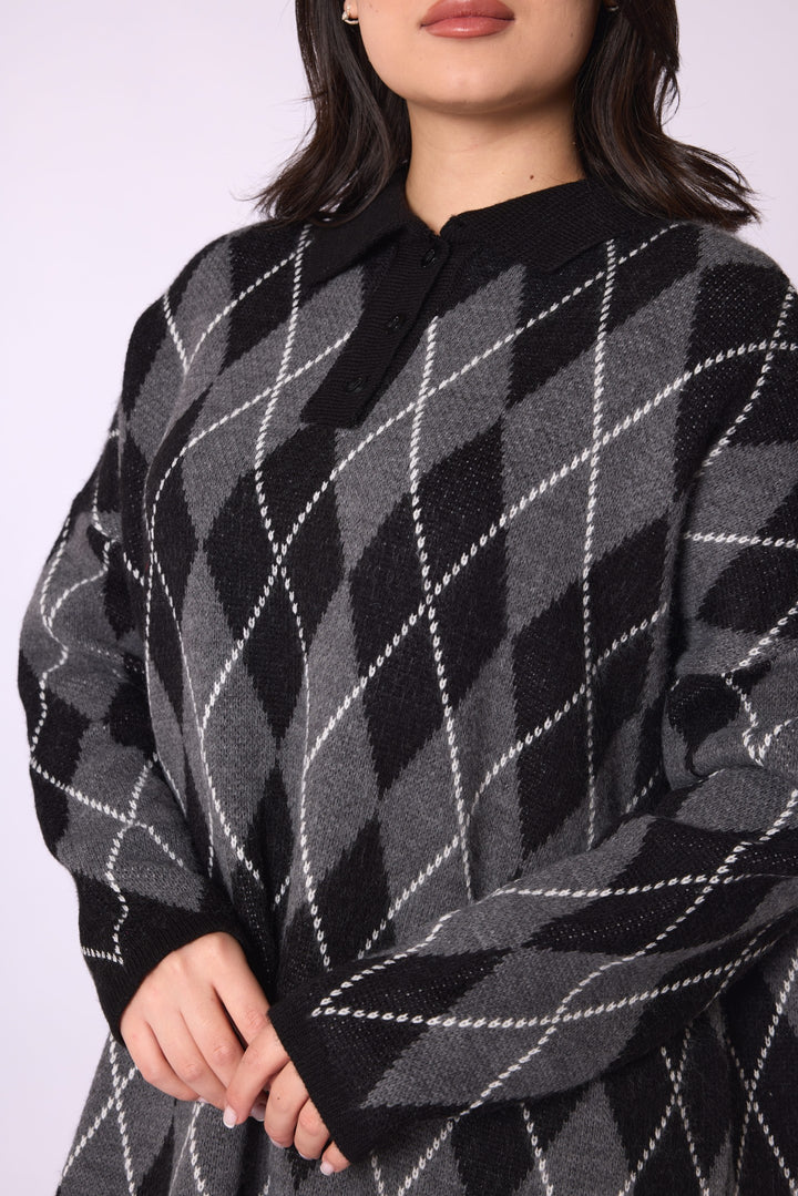 Baklava Desenli Polo Yaka Oversize Triko Kazak