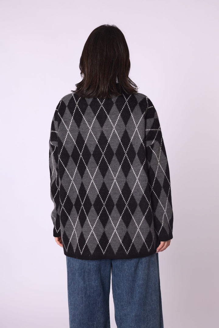 Baklava Desenli Polo Yaka Oversize Triko Kazak