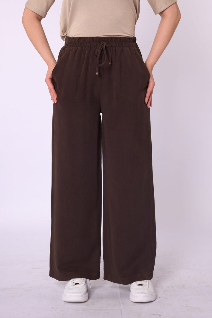 Tencel Kumaş Beli Lastikli Bol Paça Düz Pantolon