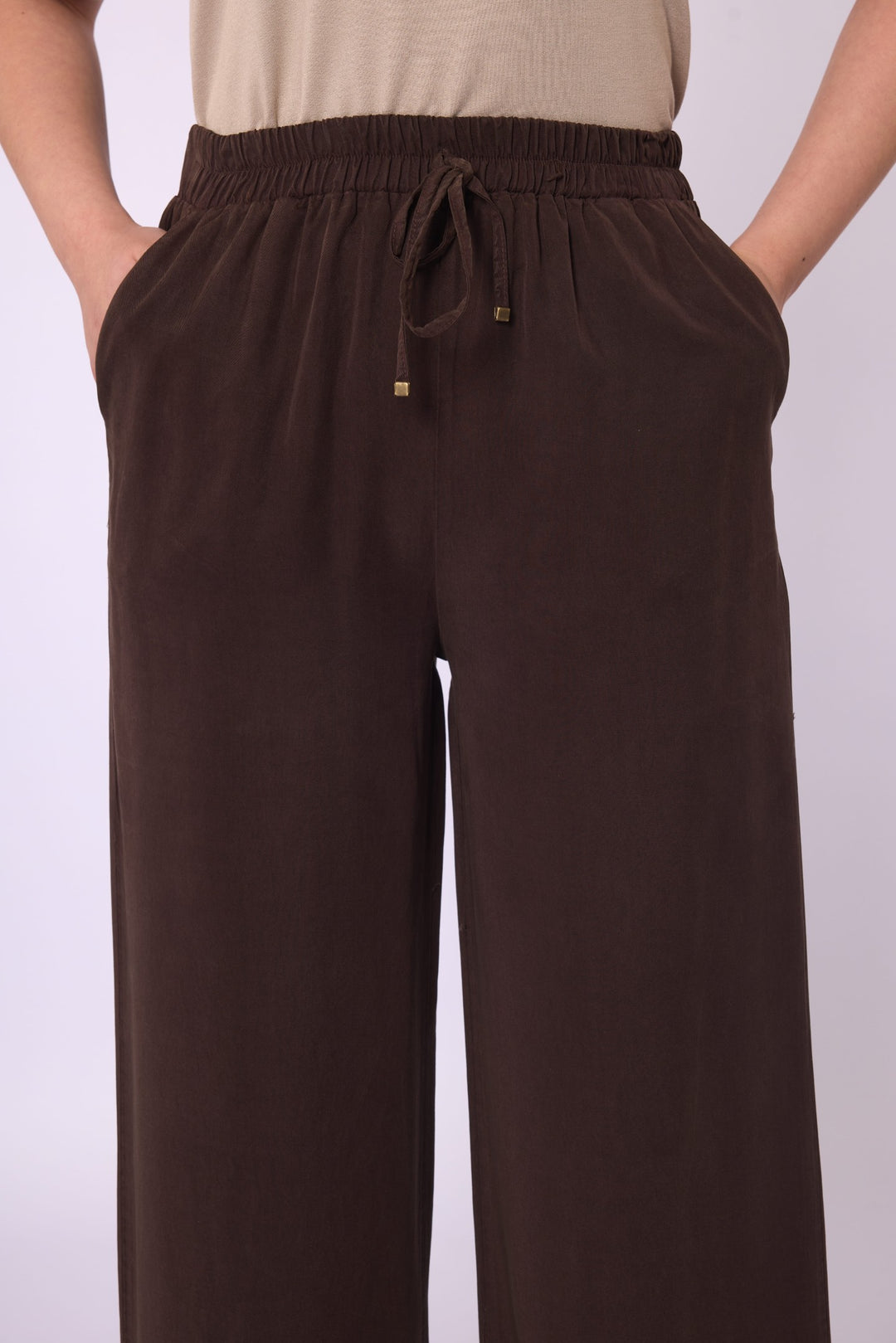 Tencel Kumaş Beli Lastikli Bol Paça Düz Pantolon