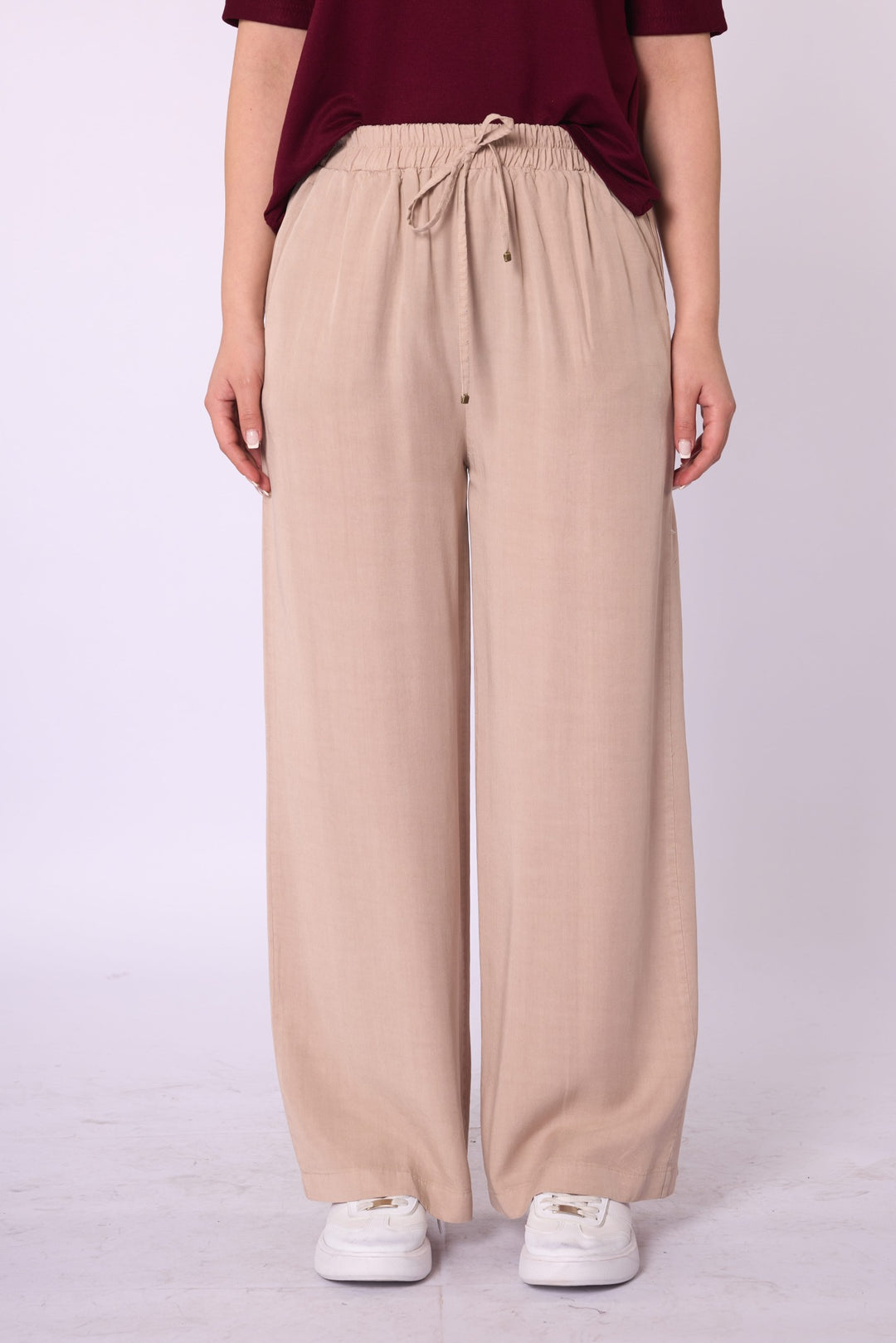 Tencel Kumaş Beli Lastikli Bol Paça Düz Pantolon