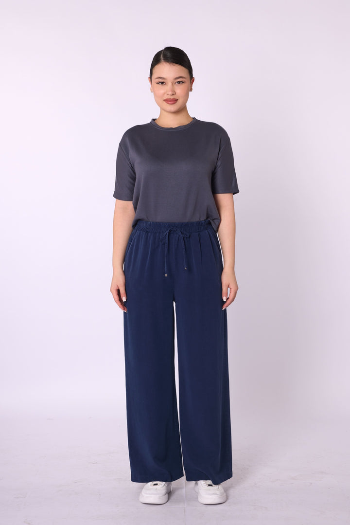 Tencel Kumaş Beli Lastikli Bol Paça Düz Pantolon