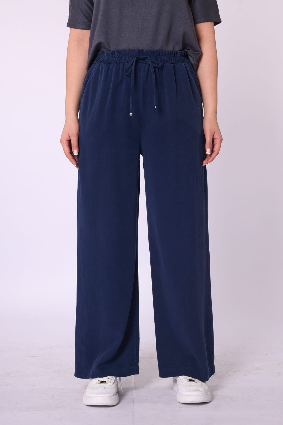 Tencel Kumaş Beli Lastikli Bol Paça Düz Pantolon